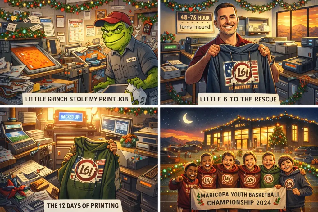 Custom printing holiday story illustrations showing unreliable Grinch-style print shop, Little 6 Industries hero with 48-72 hour turnaround, busy holiday print shop with DTF transfers, and Maricopa youth basketball team in custom printed championship hoodies