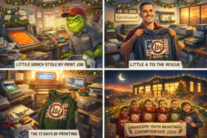 Custom printing holiday story illustrations showing unreliable Grinch-style print shop, Little 6 Industries hero with 48-72 hour turnaround, busy holiday print shop with DTF transfers, and Maricopa youth basketball team in custom printed championship hoodies